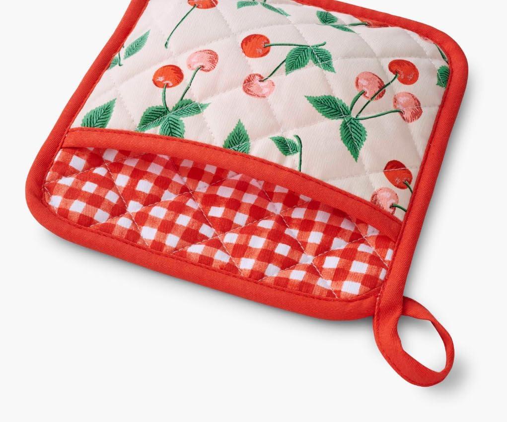 imageRIFLE PAPER CO Cherries Oven Mitt and Potholder Set Kitchen Protection with HandPainted Cherry Design Cotton Shell amp Polycotton Lining HeatResistant Diamond Quilted Protects up to 450F