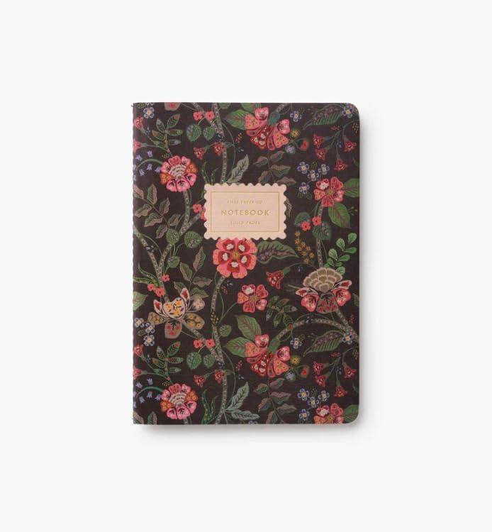 imageRIFLE PAPER CO Gracie Stitched Notebook Set 85 L x 6 W Set Of 3 64 Ruled Pages With Gold Ink FullColor Canvas Cover with White Text Paper Interior