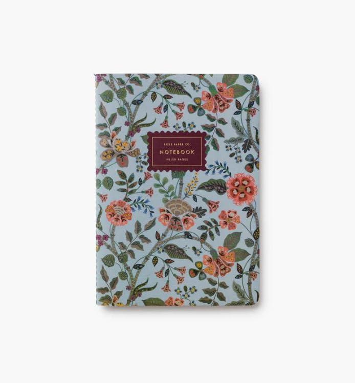 imageRIFLE PAPER CO Gracie Stitched Notebook Set 85 L x 6 W Set Of 3 64 Ruled Pages With Gold Ink FullColor Canvas Cover with White Text Paper Interior