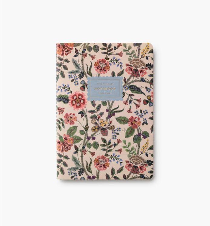 imageRIFLE PAPER CO Gracie Stitched Notebook Set 85 L x 6 W Set Of 3 64 Ruled Pages With Gold Ink FullColor Canvas Cover with White Text Paper Interior