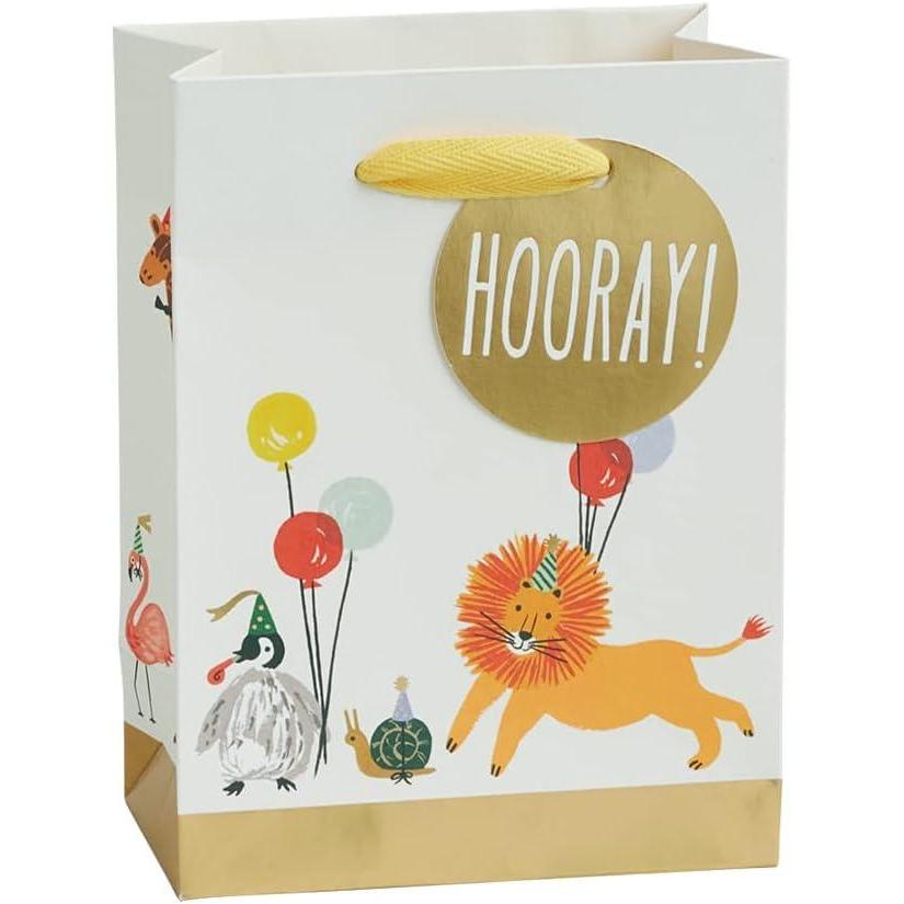 imageParty Animals Small Gift Bag Bundle Set of 6 with Handles Uncoated Paper Gold foil Cotton Ribbon and Gift Tag Jungle Safari theme for Birthdays Holidays Goody Treat Bags and Party Favors