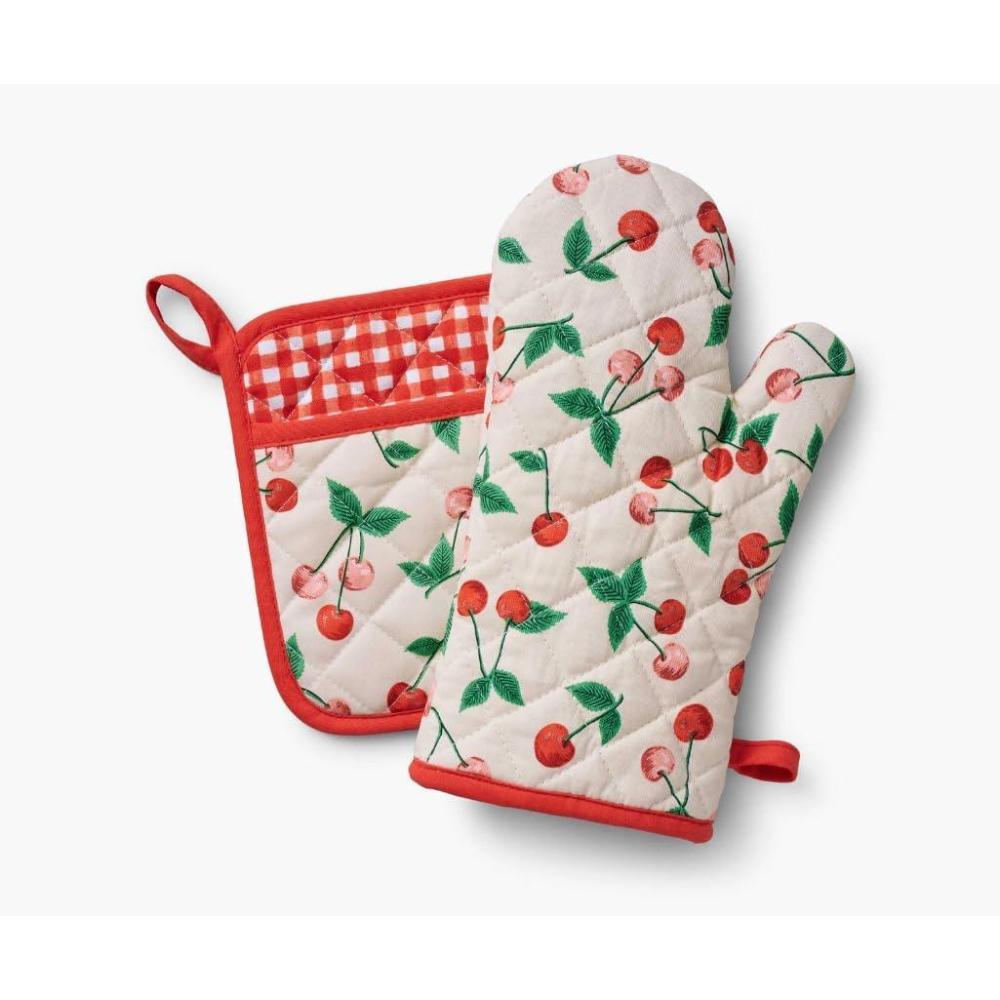 imageRIFLE PAPER CO Cherries Oven Mitt and Potholder Set Kitchen Protection with HandPainted Cherry Design Cotton Shell amp Polycotton Lining HeatResistant Diamond Quilted Protects up to 450F