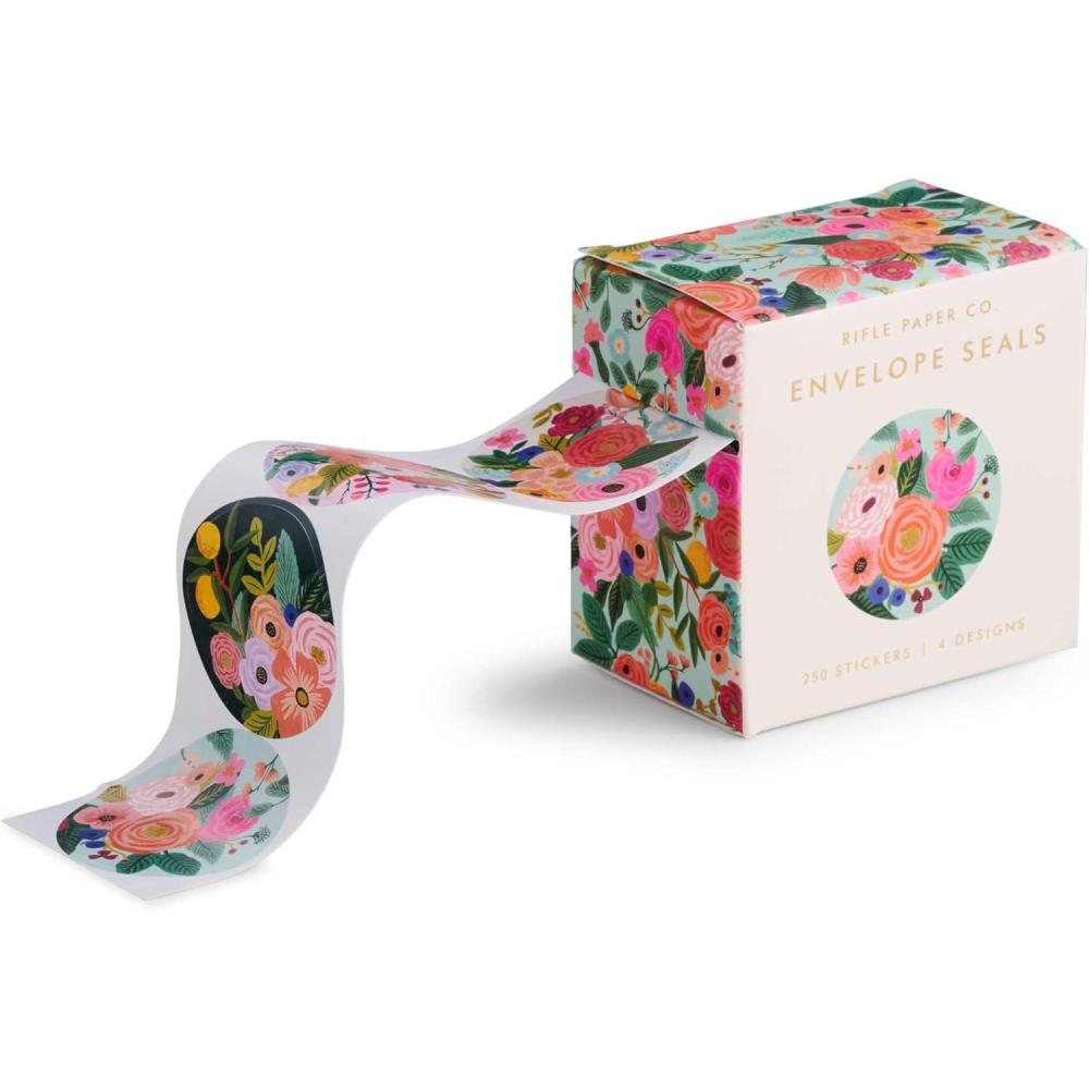 imageRIFLE PAPER CO Envelope Seals  250 Seals Assorted Set of 4 Designs Adhesive Backing Box with Dispensing Slot Add a Pretty Accent to Your Correspondence 15 W Garden PartyGarden Party