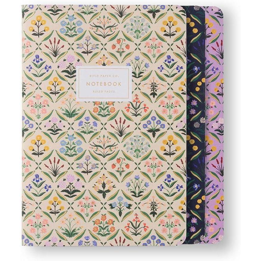 imageRIFLE PAPER CO Estee Stitched Notebook Set 85 L x 6 W Set Of 3 64 Ruled Pages With Gold Ink FullColor Canvas Cover With White Text Paper Interior