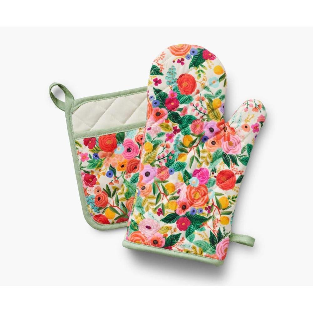 imageRIFLE PAPER CO Garden Party Oven Mitt and Potholder Set  HandPainted Floral Design 100 Cotton Shell Polycotton Lining HeatResistant to 450F Diamond Quilted Machine Washable Hanging Loop