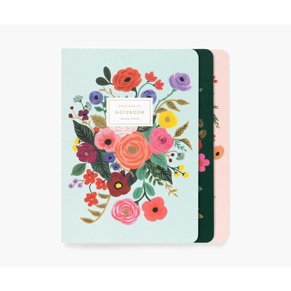 imageRIFLE PAPER CO Garden Party Stitched Notebook Set Set Of 3 Colorful Notebooks 64 Ruled Pages With Gold Ink Full Color Canvas Cover With White Text Paper Interior 6 W  85 LMulticolor
