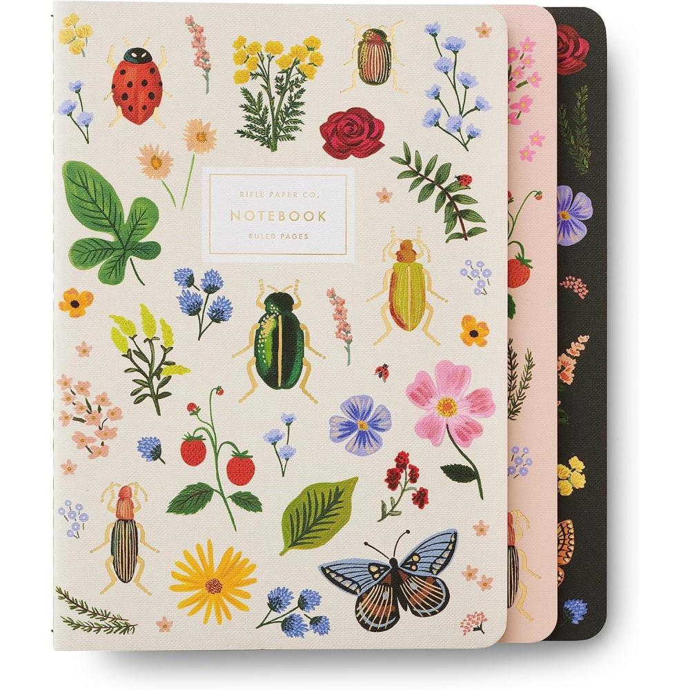 imageRIFLE PAPER CO Garden Party Stitched Notebook Set Set Of 3 Colorful Notebooks 64 Ruled Pages With Gold Ink Full Color Canvas Cover With White Text Paper Interior 6 W  85 LCurio