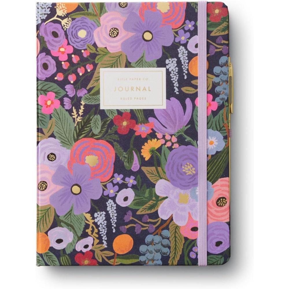imageRIFLE PAPER CO Journal with Pen  Hardcover Journal with Foil Accents 144 Pages Elastic Band Closure Pocket for Extra Storage Patterned in Floral HydrangeaViolet Garden Party