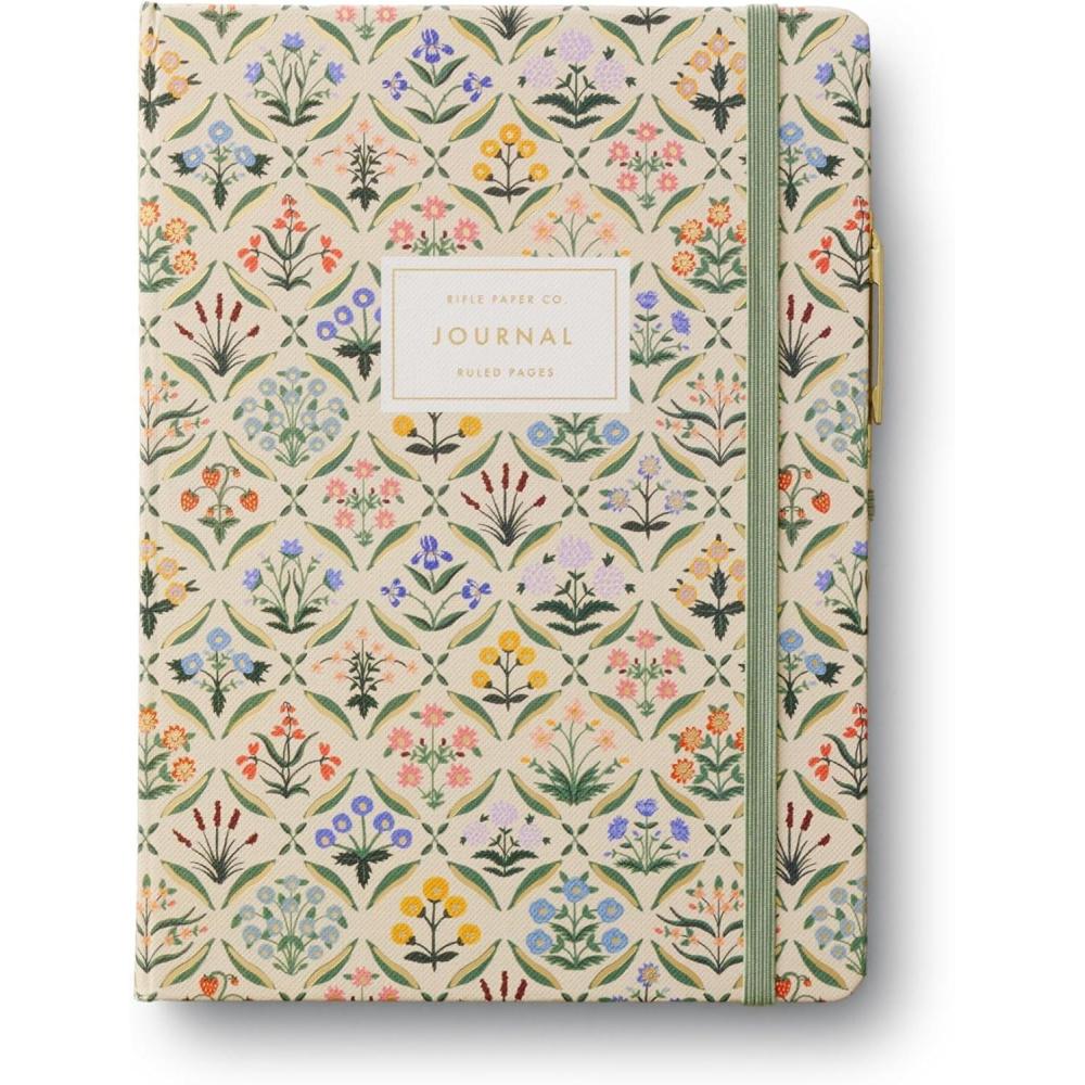 imageRIFLE PAPER CO Journal with Pen  Hardcover Journal with Foil Accents 144 Pages Elastic Band Closure Pocket for Extra Storage Patterned in Floral HydrangeaEstee