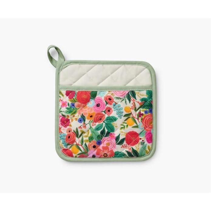 imageRIFLE PAPER CO Pot Holder Heat Resistant Digitally Printed Quilted Garden Party Pattern with Contrast Piping Corner Loop for Hanging Hand Slot 8 W x 8 L