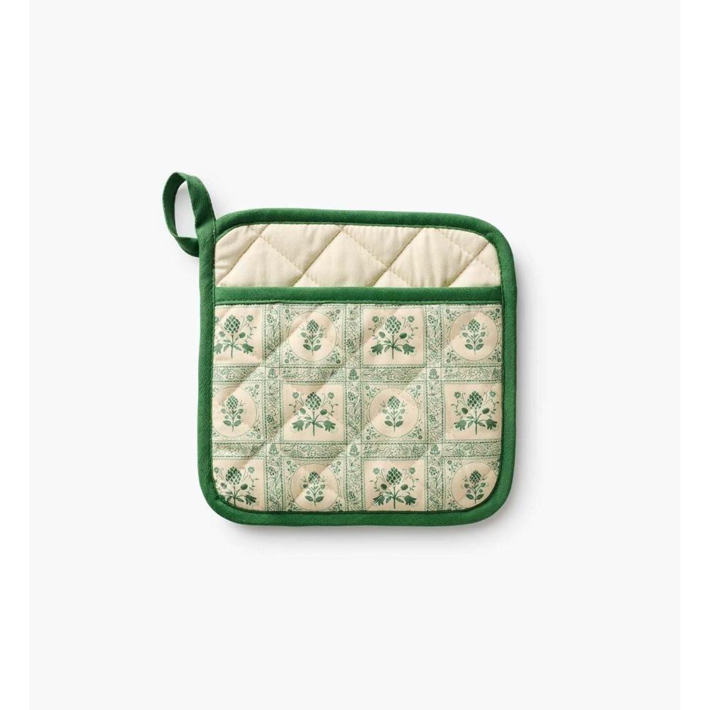imageRIFLE PAPER CO Pot Holder Heat Resistant Unique Quilted Design with Charming Artichoke Pattern and Contrast Piping Corner Loop for Hanging 8 W x 8 L