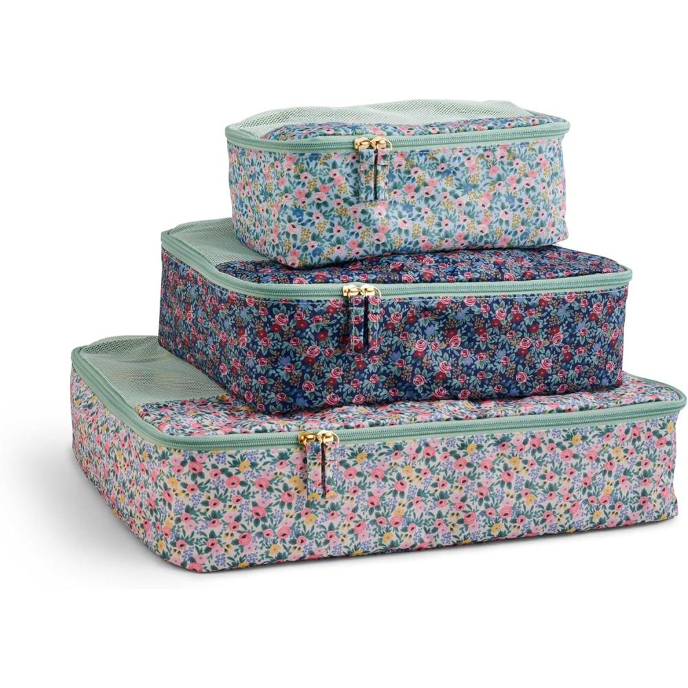imageRIFLE PAPER CO Soft Sided Packing Cubes Set of 3 Includes Small Medium Large and a Laundry Bag Travel Must Have Accessory Stylized Pattern Floral RosaRosa