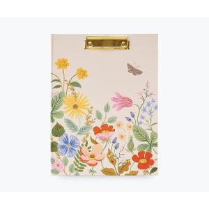 RIFLE PAPER CO. Clipfolio | Illustrated Hardcover and Contrasting Interior, Features Strong Gold Clip on The Front, Comes with Writing Pad with 50 Lined, Perforated Sheets, Strawberry Fields