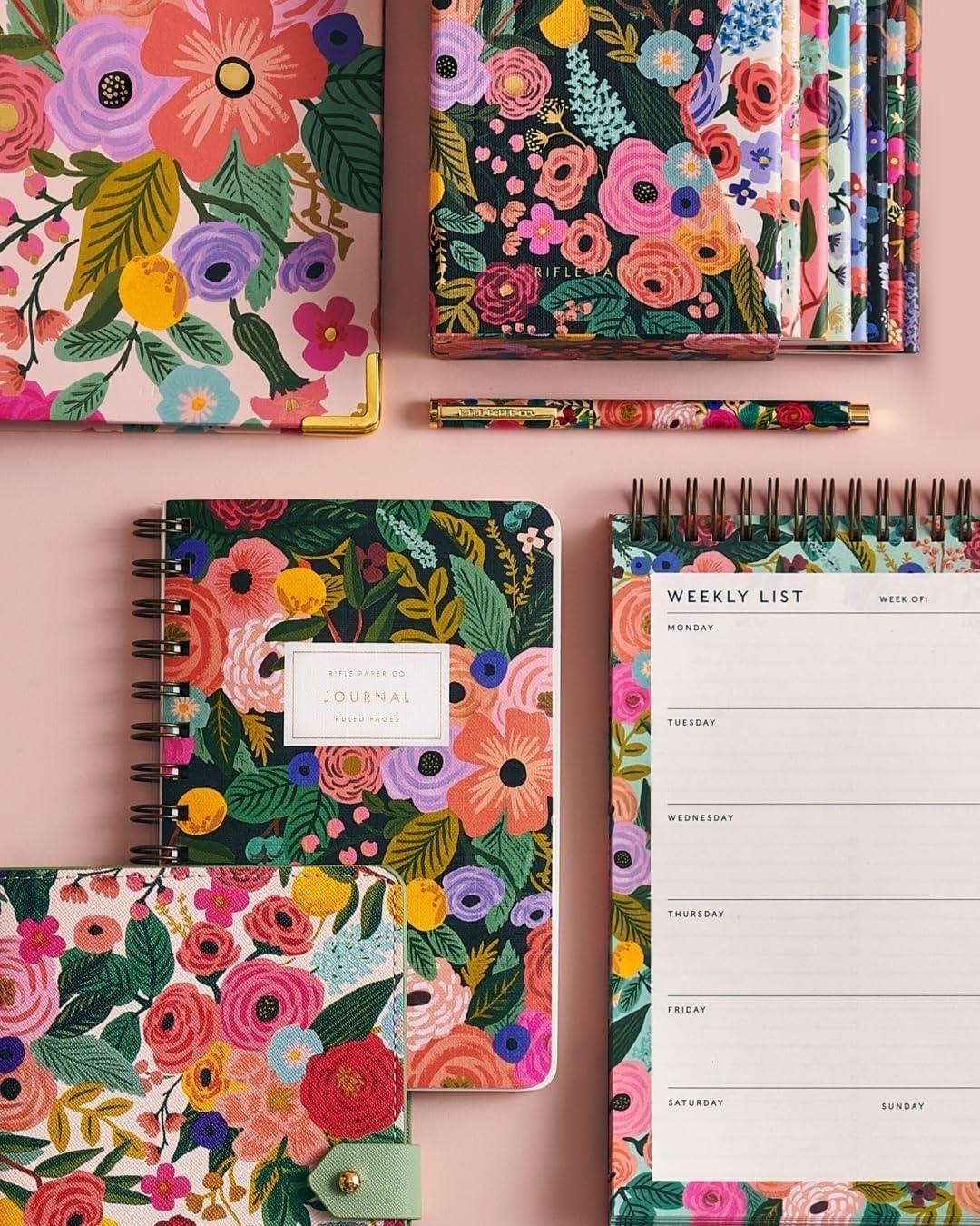 imageRIFLE PAPER CO Garden Party Desktop Weekly Planner 52 Undated Pages Printed Front and Back Metallic Gold Foil and Spiral Bound Printed in Full Color and Foil StampedGarden Party