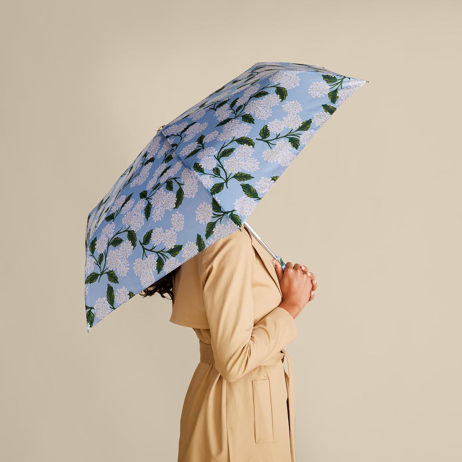 imageRIFLE PAPER CO Umbrella  Matching Storage Sleeve Portable Fold Up Size Auto Open and Close Wooden Handle 43 Open Diameter Printed in Full Color 11 Closed Length Hydrangea