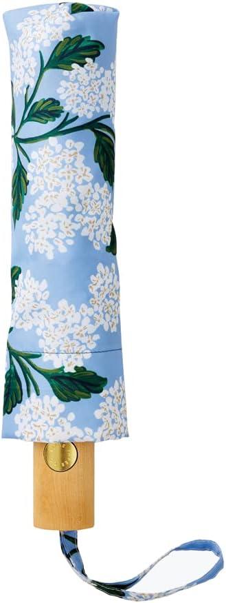 imageRIFLE PAPER CO Umbrella  Matching Storage Sleeve Portable Fold Up Size Auto Open and Close Wooden Handle 43 Open Diameter Printed in Full Color 11 Closed Length Hydrangea