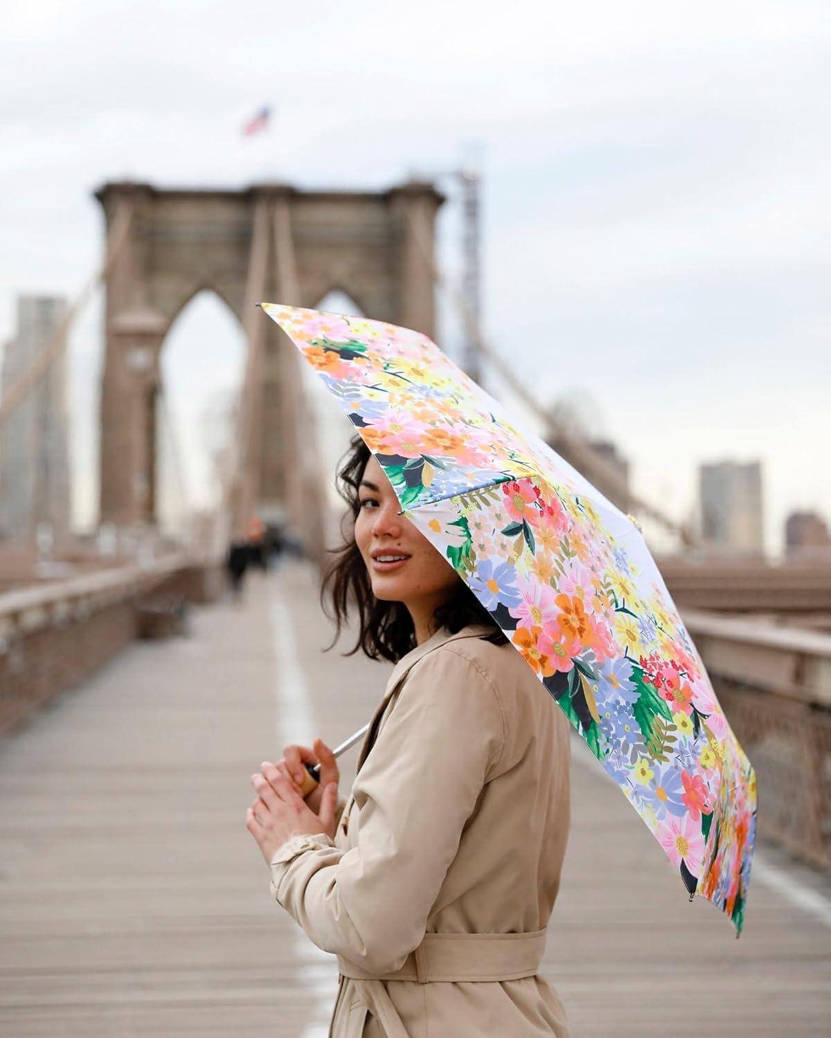 imageRIFLE PAPER CO Umbrella Matching Storage Sleeve Portable Fold Up Size Auto Open and Close Wooden Handle 43 Open Diameter Printed in Full Color 11 Closed Length Marguerite