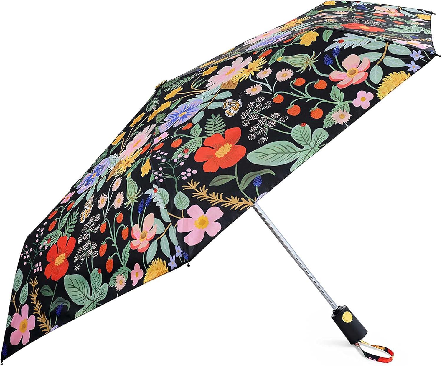 imageRIFLE PAPER CO Umbrella Matching Storage Sleeve Portable Fold Up Size Auto Open and Close Wooden Handle 43 Open Diameter Printed in Full Color 11 Closed Length Strawberry Fields