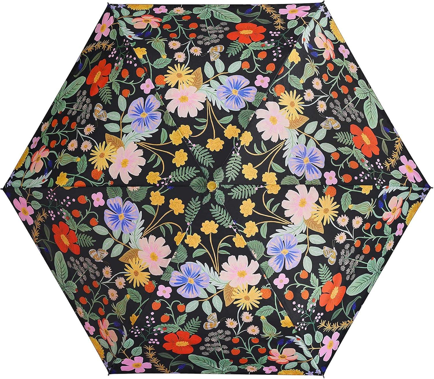 imageRIFLE PAPER CO Umbrella Matching Storage Sleeve Portable Fold Up Size Auto Open and Close Wooden Handle 43 Open Diameter Printed in Full Color 11 Closed Length Strawberry Fields