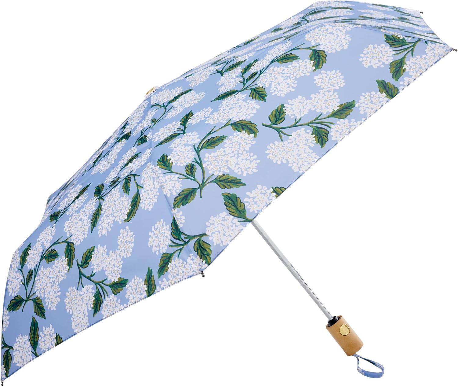imageRIFLE PAPER CO Umbrella  Matching Storage Sleeve Portable Fold Up Size Auto Open and Close Wooden Handle 43 Open Diameter Printed in Full Color 11 Closed Length Hydrangea