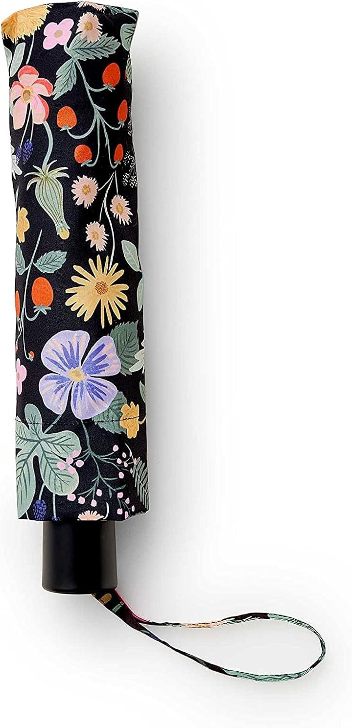imageRIFLE PAPER CO Umbrella Matching Storage Sleeve Portable Fold Up Size Auto Open and Close Wooden Handle 43 Open Diameter Printed in Full Color 11 Closed Length Strawberry Fields