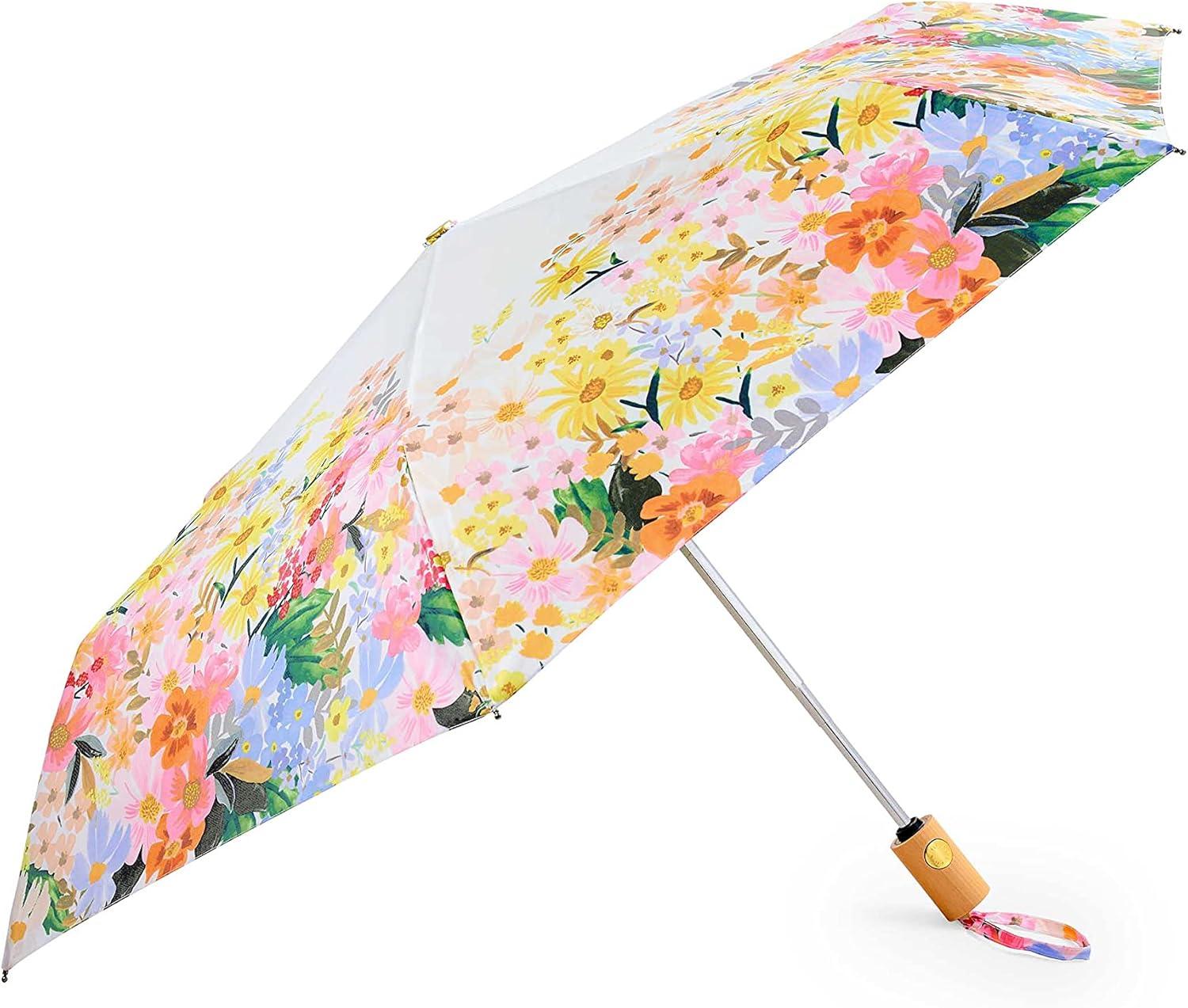 imageRIFLE PAPER CO Umbrella Matching Storage Sleeve Portable Fold Up Size Auto Open and Close Wooden Handle 43 Open Diameter Printed in Full Color 11 Closed Length Marguerite