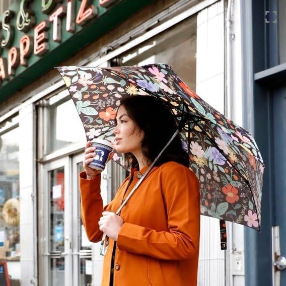 imageRIFLE PAPER CO Umbrella Matching Storage Sleeve Portable Fold Up Size Auto Open and Close Wooden Handle 43 Open Diameter Printed in Full Color 11 Closed Length Strawberry Fields