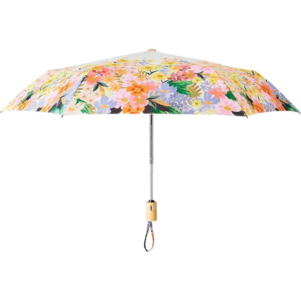 imageRIFLE PAPER CO Umbrella Matching Storage Sleeve Portable Fold Up Size Auto Open and Close Wooden Handle 43 Open Diameter Printed in Full Color 11 Closed Length Marguerite