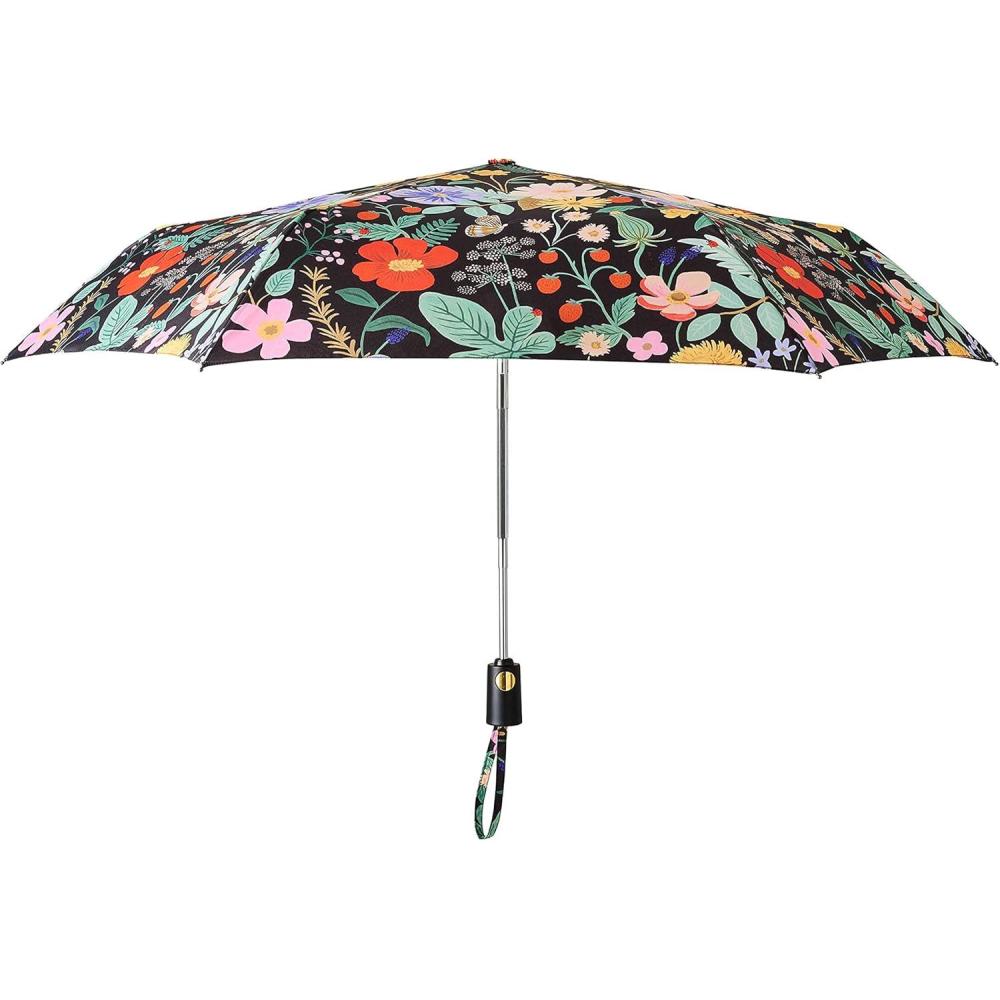 imageRIFLE PAPER CO Umbrella Matching Storage Sleeve Portable Fold Up Size Auto Open and Close Wooden Handle 43 Open Diameter Printed in Full Color 11 Closed Length Strawberry Fields