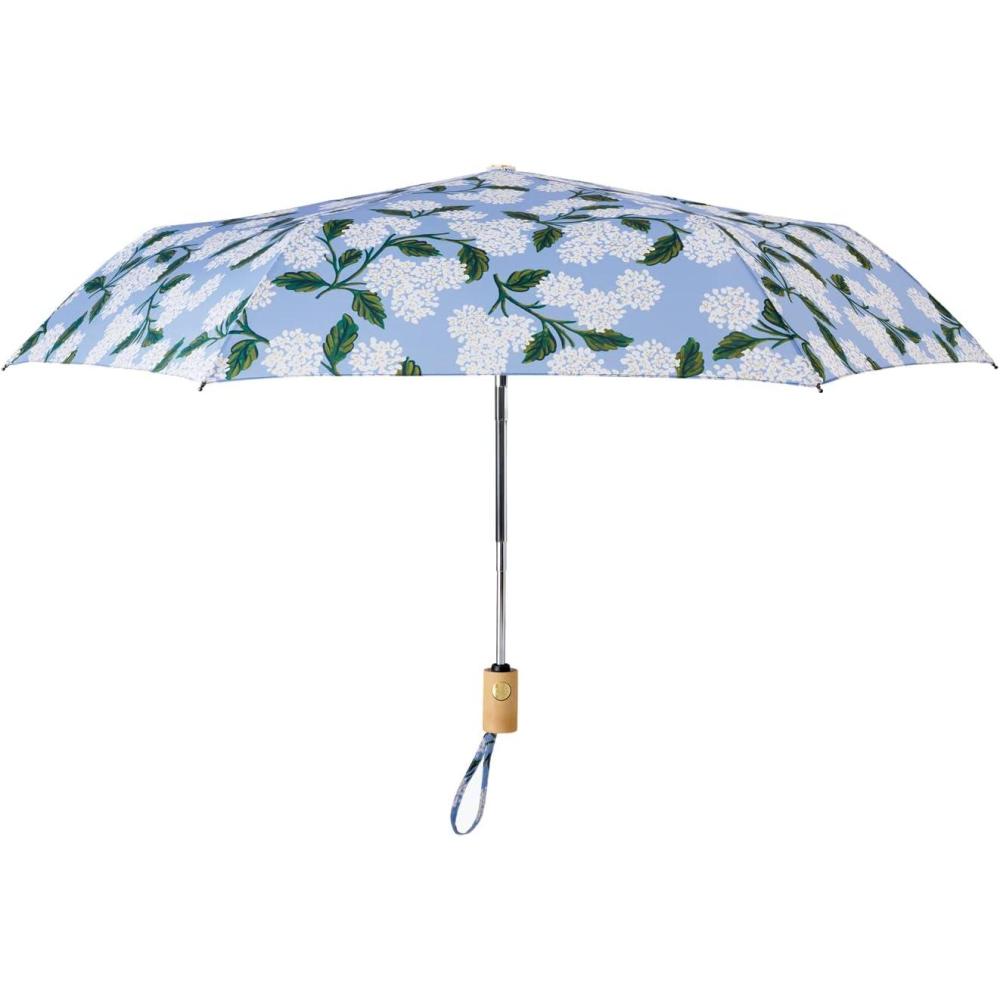 imageRIFLE PAPER CO Umbrella Matching Storage Sleeve Portable Fold Up Size Auto Open and Close Wooden Handle 43 Open Diameter Printed in Full Color 11 Closed Length Hydrangea
