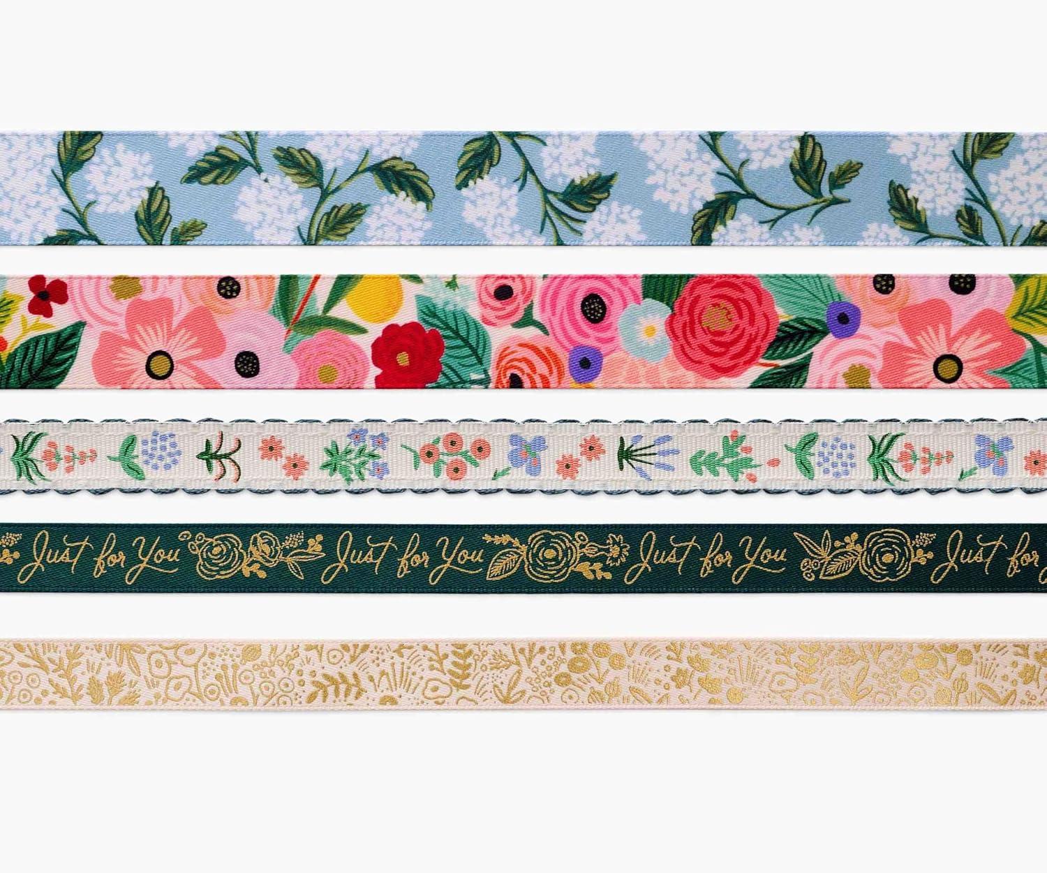 imageRIFLE PAPER CO Garden Party Floral Ribbon Set for Crafts and Gift Wrapping 5 Patterns 4 Satin and 1 Grosgrain Fabric Printed in Full Color with Metallic Gold Accents 5 Yards EachGarden Party