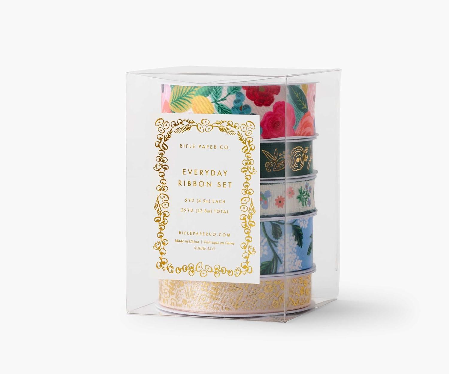 imageRIFLE PAPER CO Garden Party Floral Ribbon Set for Crafts and Gift Wrapping 5 Patterns 4 Satin and 1 Grosgrain Fabric Printed in Full Color with Metallic Gold Accents 5 Yards EachGarden Party