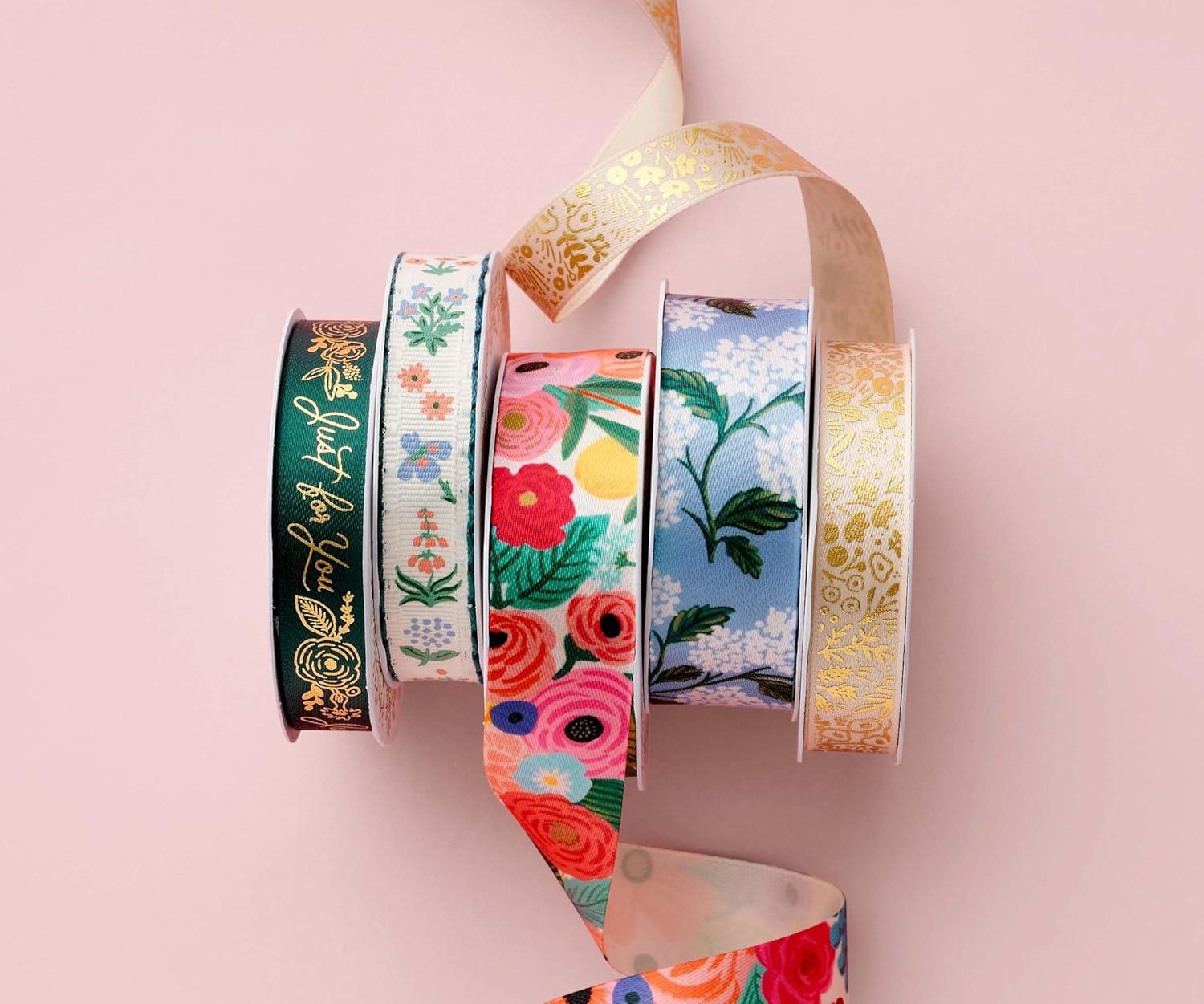 imageRIFLE PAPER CO Garden Party Floral Ribbon Set for Crafts and Gift Wrapping 5 Patterns 4 Satin and 1 Grosgrain Fabric Printed in Full Color with Metallic Gold Accents 5 Yards EachGarden Party