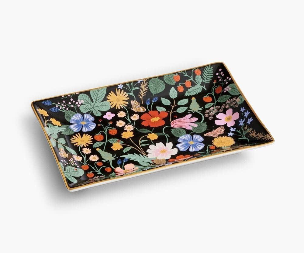 imageRIFLE PAPER CO Curio Large Catchall Tray  Porcelain Storage Tray Colored Illustrations and Metallic Gold Accents 10 L x 6 W x 1 H Perfect for Trinkets Keys Mail and JewelryStrawberry Fields
