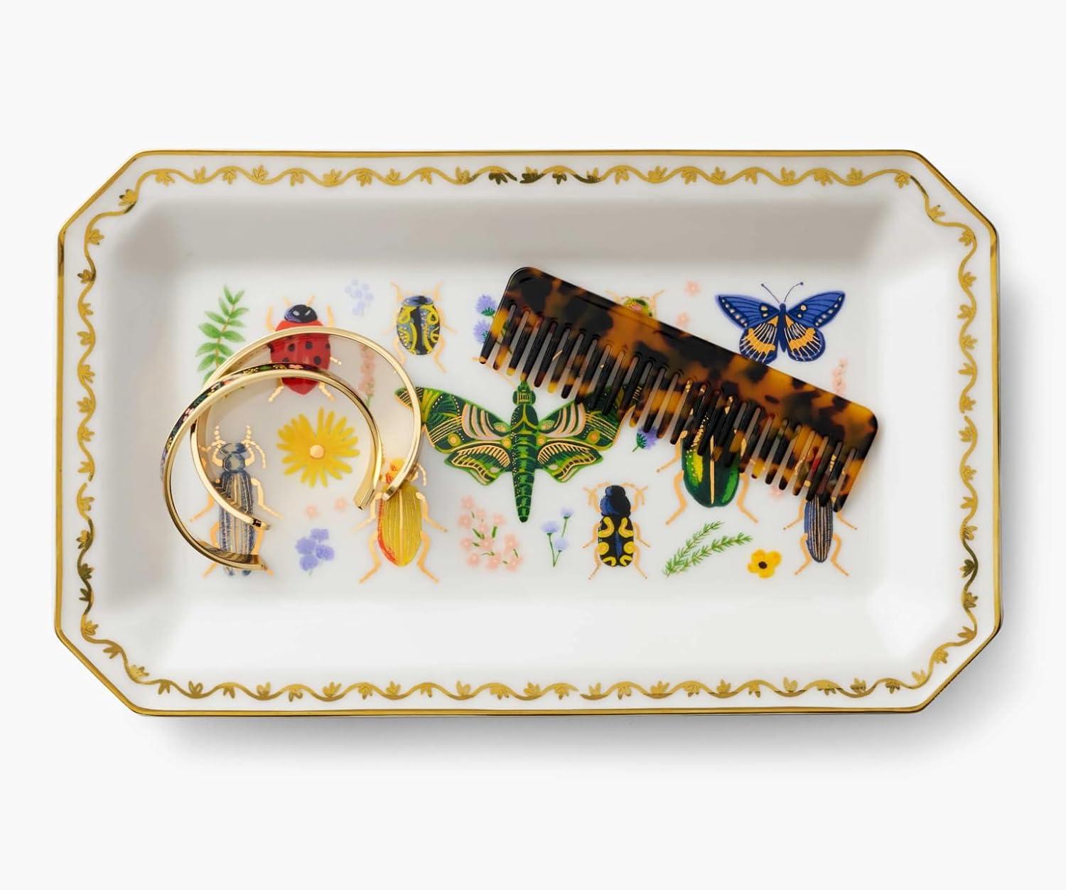 imageRIFLE PAPER CO Curio Large Catchall Tray  Porcelain Storage Tray Colored Illustrations and Metallic Gold Accents 10 L x 6 W x 1 H Perfect for Trinkets Keys Mail and JewelryCurio