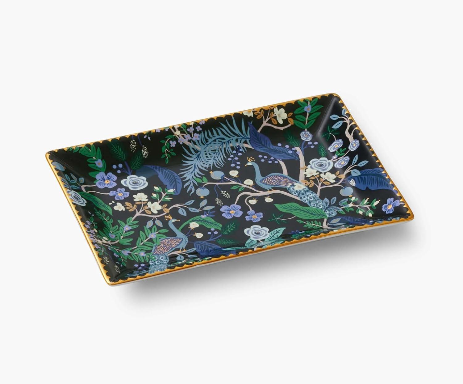 imageRIFLE PAPER CO Curio Large Catchall Tray  Porcelain Storage Tray Colored Illustrations and Metallic Gold Accents 10 L x 6 W x 1 H Perfect for Trinkets Keys Mail and JewelryPeacock