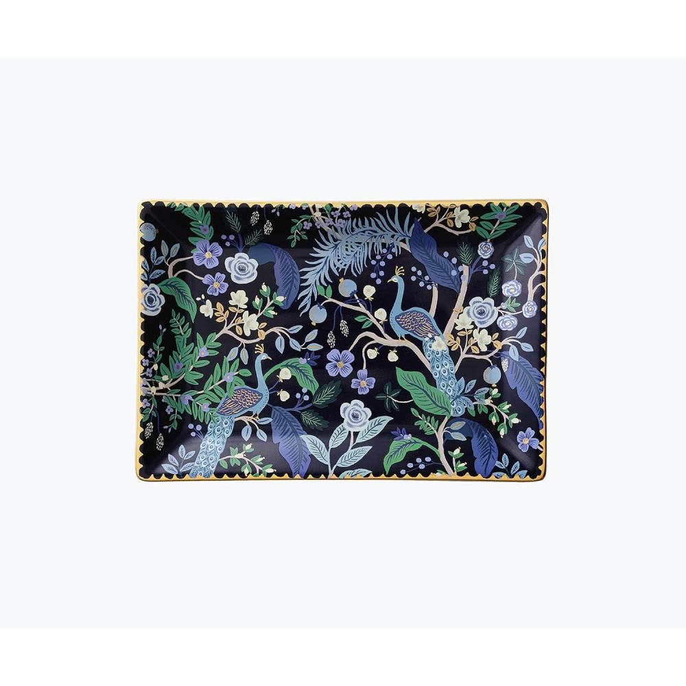 imageRIFLE PAPER CO Curio Large Catchall Tray  Porcelain Storage Tray Colored Illustrations and Metallic Gold Accents 10 L x 6 W x 1 H Perfect for Trinkets Keys Mail and JewelryPeacock