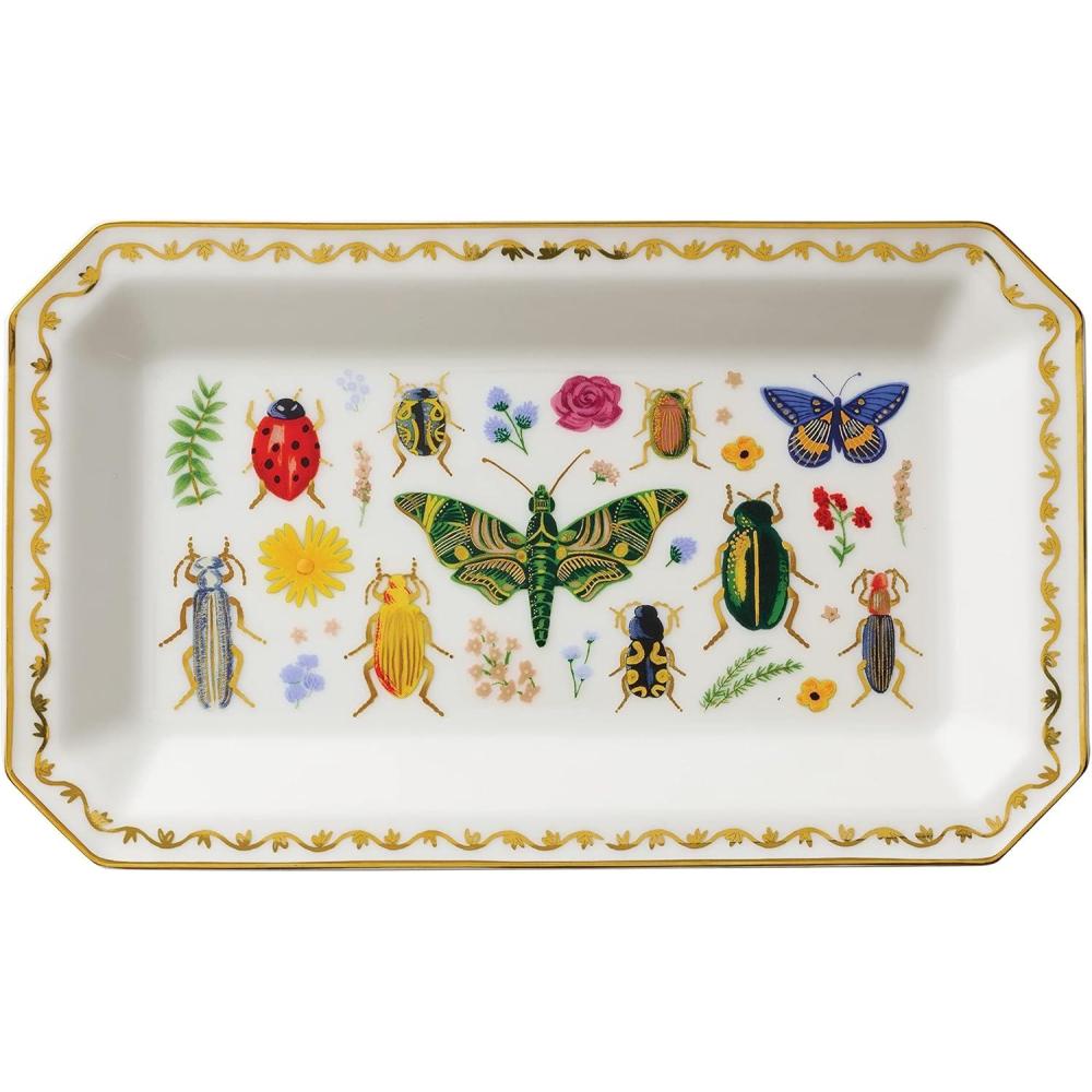 imageRIFLE PAPER CO Curio Large Catchall Tray  Porcelain Storage Tray Colored Illustrations and Metallic Gold Accents 10 L x 6 W x 1 H Perfect for Trinkets Keys Mail and JewelryCurio