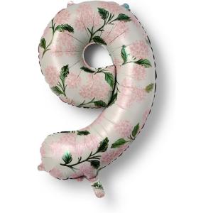 RIFLE PAPER CO. Pink Hydrangea Mylar Numbered Balloon, Elegant Floral Pattern, Full Color Print (40″ L, Decor for Celebrations, Holidays, and Parties), #5(#9)