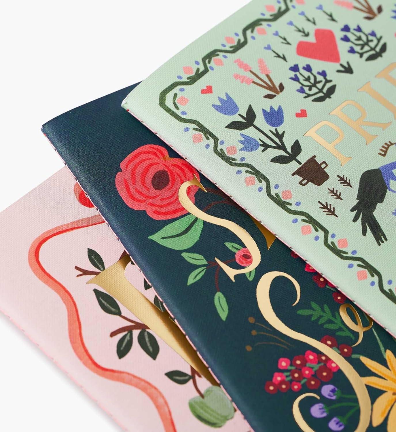 imageRIFLE PAPER CO Assorted Set of 3 Jane Austen Notebooks 85 L x 6 W Set Of 3 64 Ruled Pages With Gold Ink FullColor DieCut Canvas Cover With White Text Paper InteriorJane Austen
