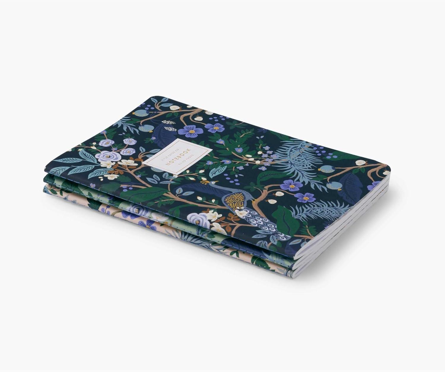 imageRIFLE PAPER CO Assorted Set of 3 Jane Austen Notebooks 85 L x 6 W Set Of 3 64 Ruled Pages With Gold Ink FullColor DieCut Canvas Cover With White Text Paper InteriorPeacock