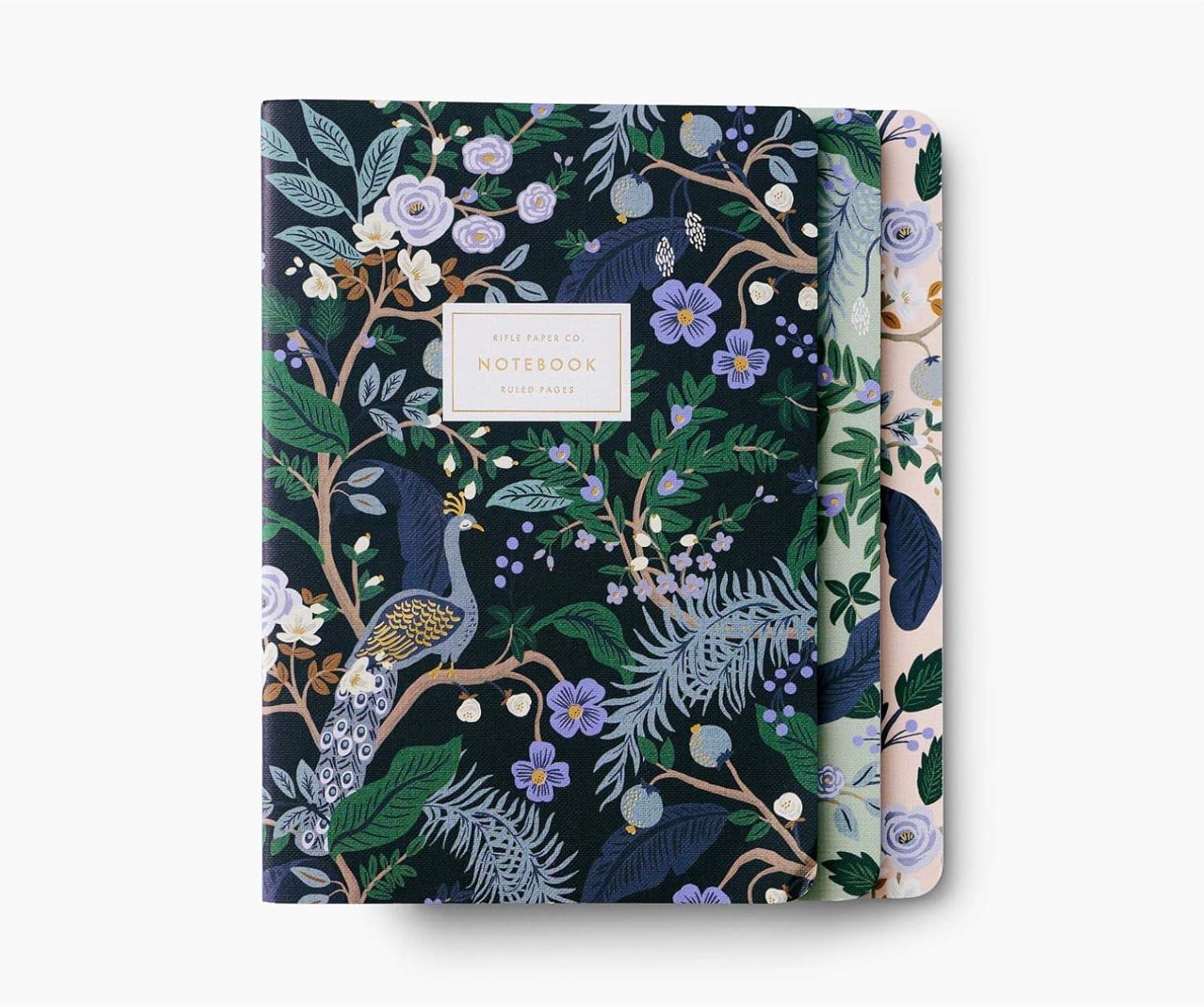 imageRIFLE PAPER CO Assorted Set of 3 Jane Austen Notebooks 85 L x 6 W Set Of 3 64 Ruled Pages With Gold Ink FullColor DieCut Canvas Cover With White Text Paper InteriorPeacock