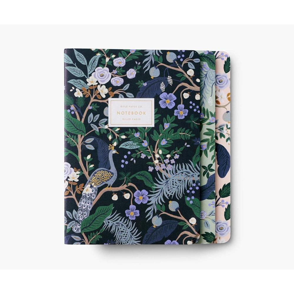 imageRIFLE PAPER CO Assorted Set of 3 Jane Austen Notebooks 85 L x 6 W Set Of 3 64 Ruled Pages With Gold Ink FullColor DieCut Canvas Cover With White Text Paper InteriorPeacock