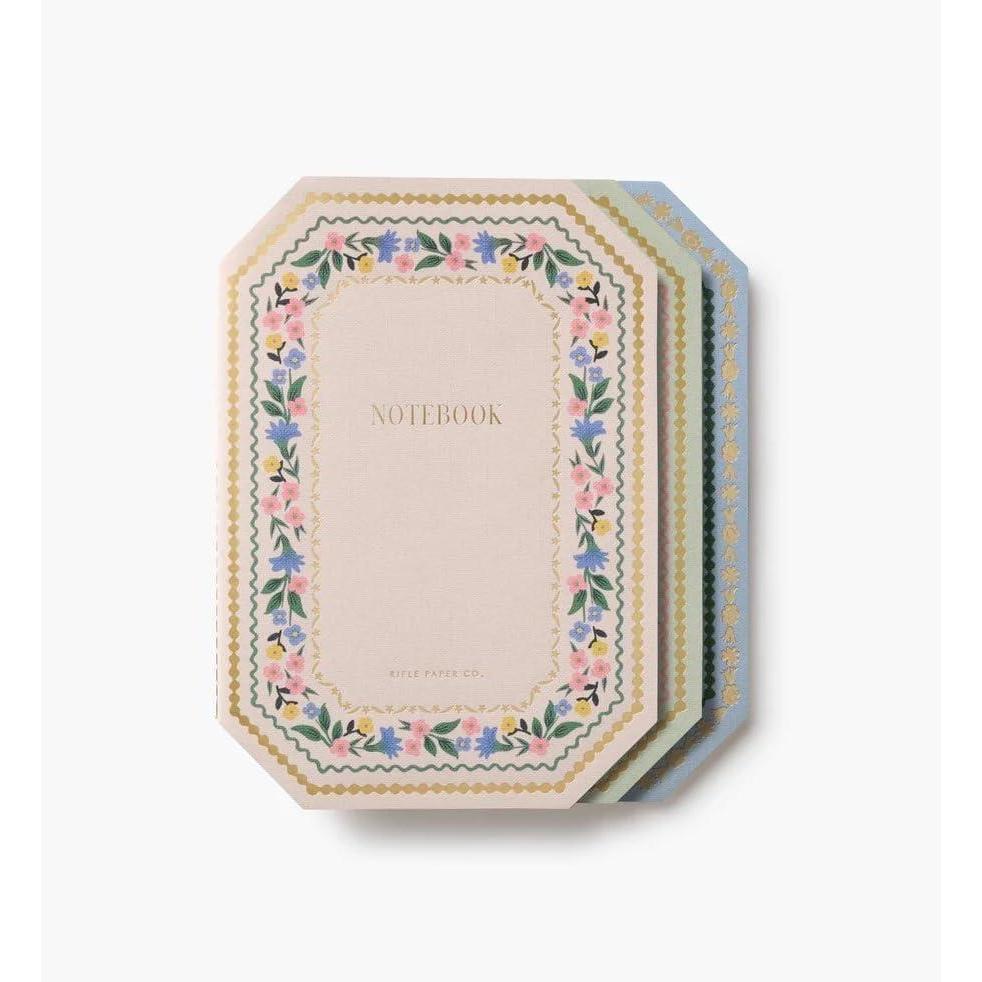 imageRIFLE PAPER CO Assorted Set of 3 Jane Austen Notebooks 85 L x 6 W Set Of 3 64 Ruled Pages With Gold Ink FullColor DieCut Canvas Cover With White Text Paper InteriorGemma