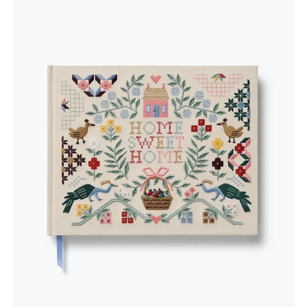 imageRIFLE PAPER CO Home Sweet Home Embroidered Fabric Guest Book Hard Cover Wrapped in Book Cloth amp Ribbon Bookmark 144 Ruled Pages Metallic Gold Ink 1025 W 825 LHome Sweet Home