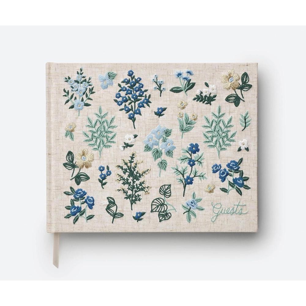imageRIFLE PAPER CO Home Sweet Home Embroidered Fabric Guest Book Hard Cover Wrapped in Book Cloth amp Ribbon Bookmark 144 Ruled Pages Metallic Gold Ink 1025 W  825 LWildwood