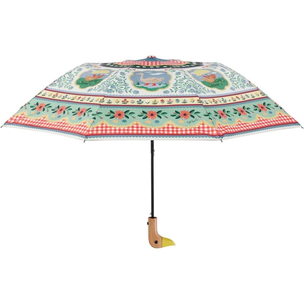 imageRIFLE PAPER CO Home Sweet Home Pattern Compact Folding Umbrella Full Coverage Design Auto Open Feature Classic Wooden Duck Handle 1713 L Closed