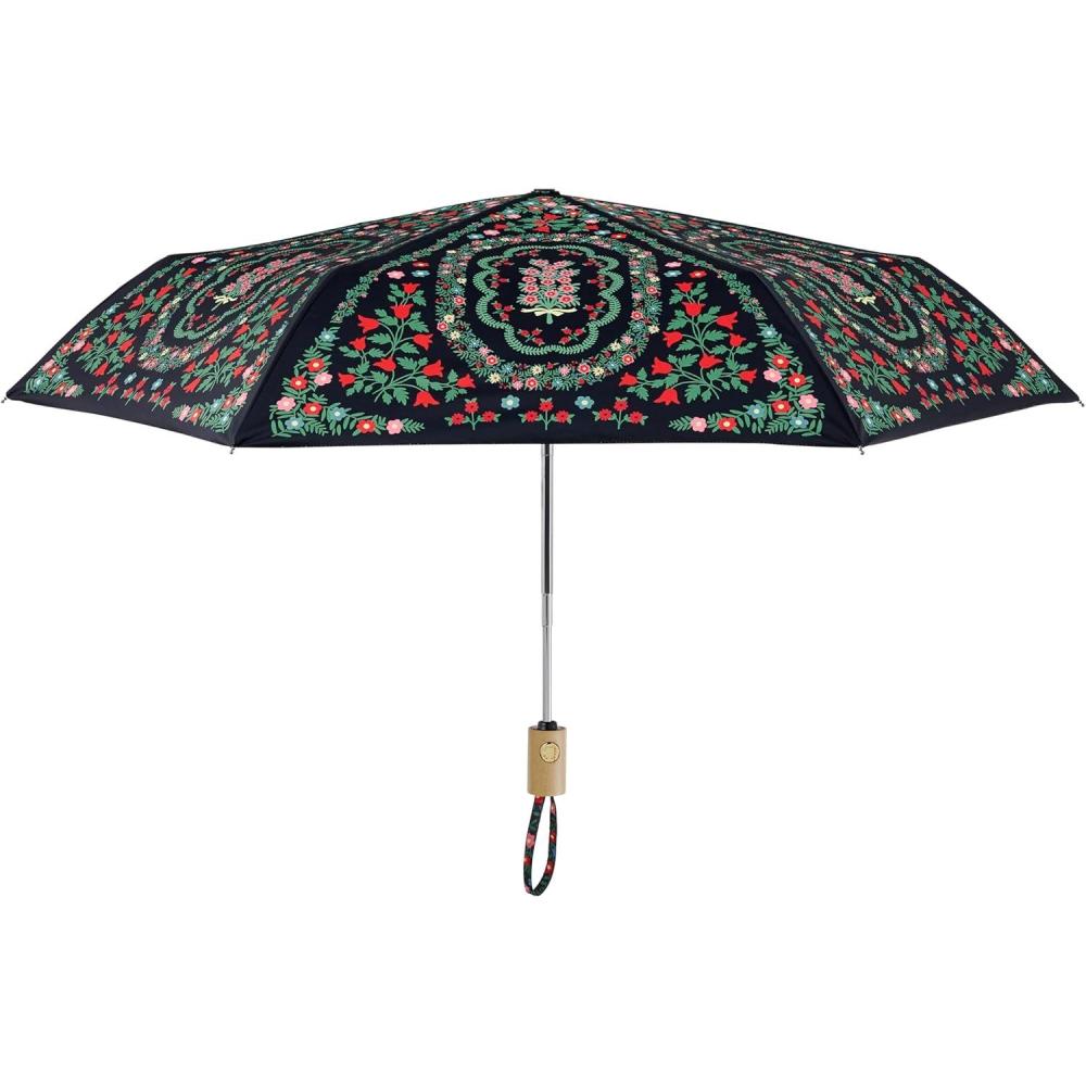 imageRIFLE PAPER CO Rosette Floral Pattern Umbrella Includes Matching Storage Sleeve Portable 1113 Fold Up Size Auto Open and Close Wooden Handle Printed in Full Color
