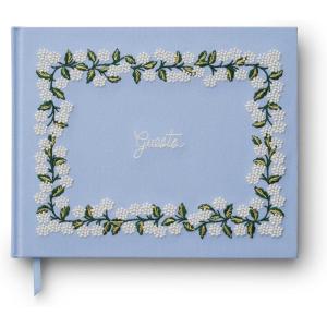 RIFLE PAPER CO. Home Sweet Home Embroidered Fabric Guest Book, Hard Cover Wrapped in Book Cloth & Ribbon Bookmark, (144 Ruled Pages Metallic Gold Ink, 10.25″ W × 8.25″ L)(Hydrangea)