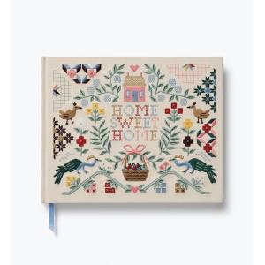 RIFLE PAPER CO. Home Sweet Home Embroidered Fabric Guest Book, Hard Cover Wrapped in Book Cloth & Ribbon Bookmark, (144 Ruled Pages Metallic Gold Ink, 10.25″ W × 8.25″ L)(Home Sweet Home)